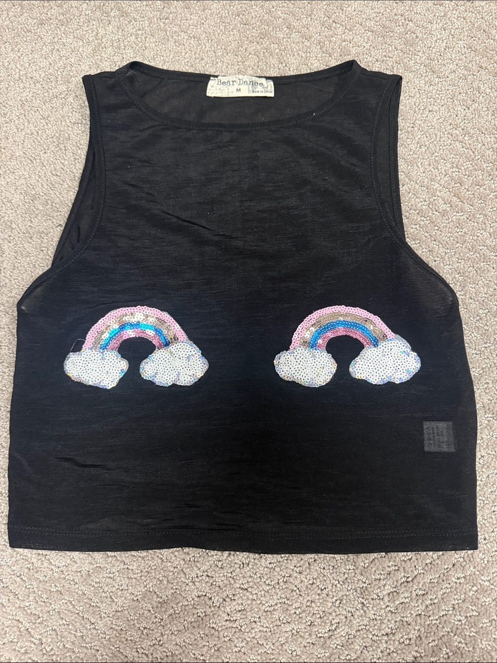Bear Dance Black Rainbow Mesh Top Size Medium